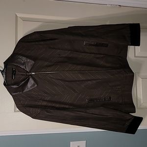 STACY‎ ADAMS Men's XL Brown Jacket With Leather Collar & Cuff Good Condition